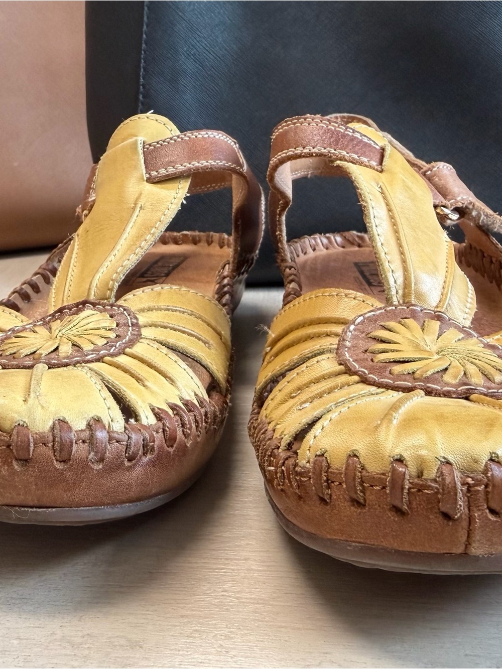 PIKOLINOS Yellow and Brown Leather Floral Cutout Slingback Sandals - Picture 2 of 9